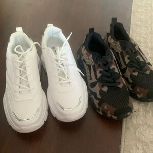 Two pairs sneakers us9 white and camouflage